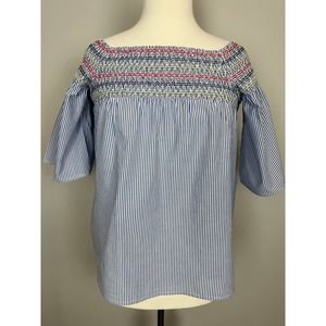 Blue and White Striped Off the Shoulder top with Smocking